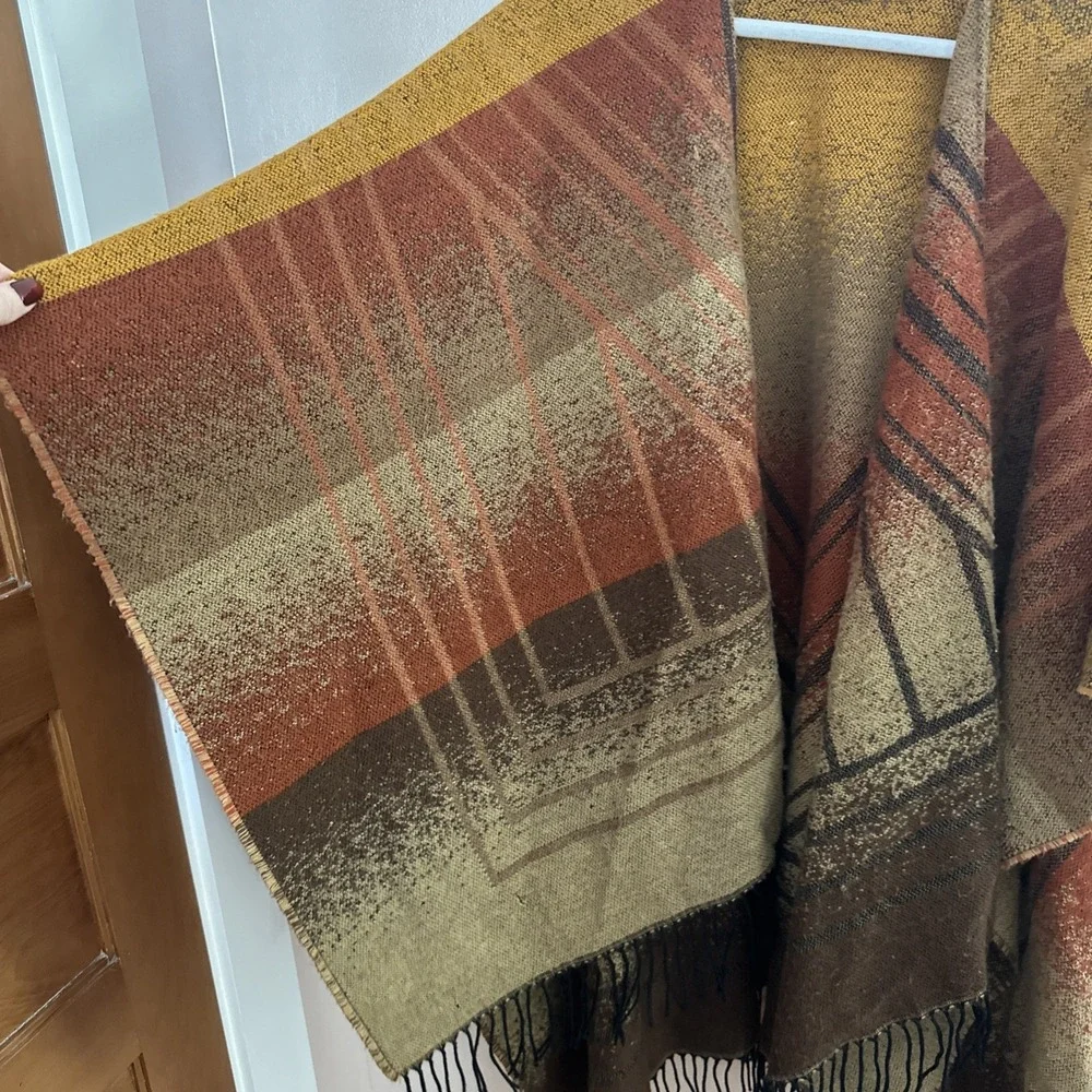 Women's Brown Plaid Winter Shawl‎ Poncho One Size Made In France